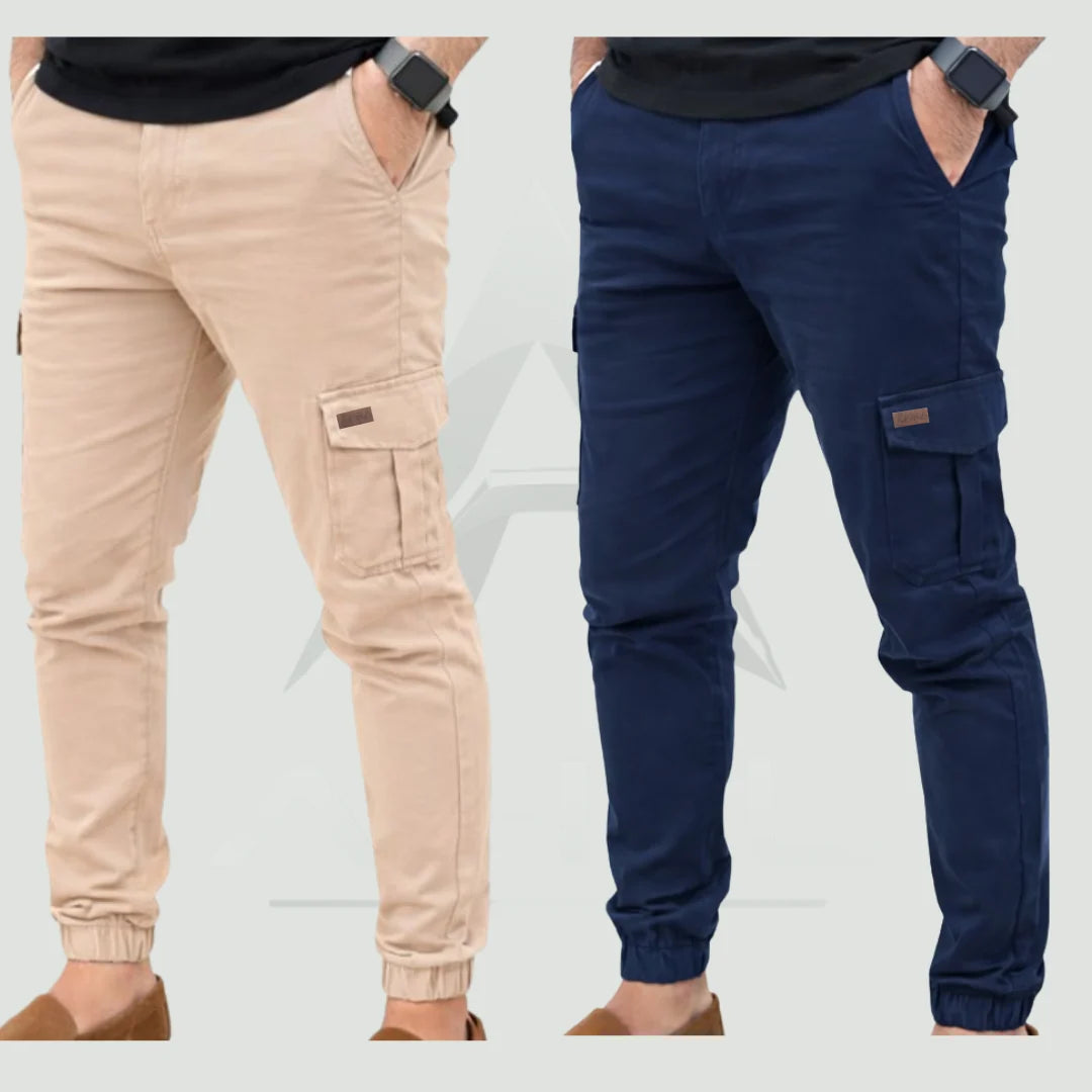 Stretchable Beige+Blue Cargo 6 Pocket Trouser