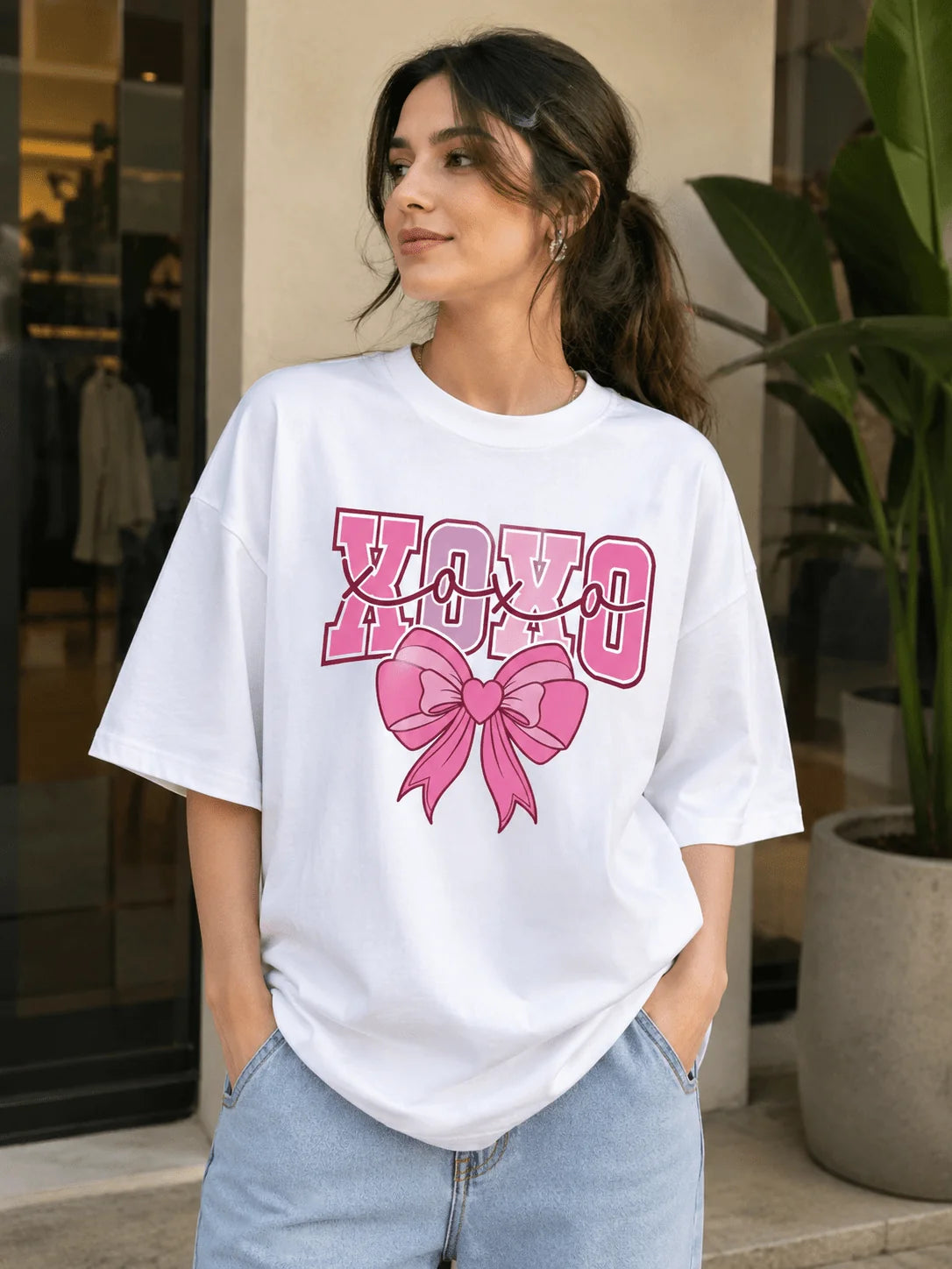 XOXO Pink Bow | 200 GSM Premium Oversized T-Shirt